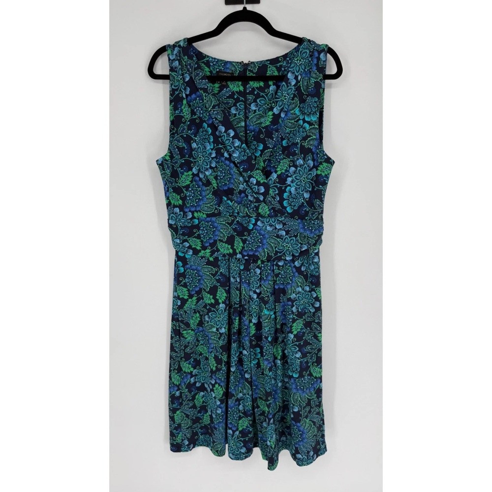Talbots Dress Womens 12 Blue Green Floral Sleeveless Faux Wrap Fit & Flare